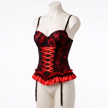 Corset Passion Rojo y Negro con Encaje y Trenzado Elegante